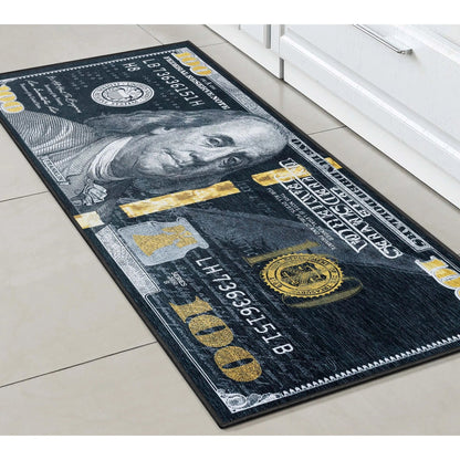 New Hundred Dollar Bill Black Black Novelty Runner Flat-Weave Rug Well Woven