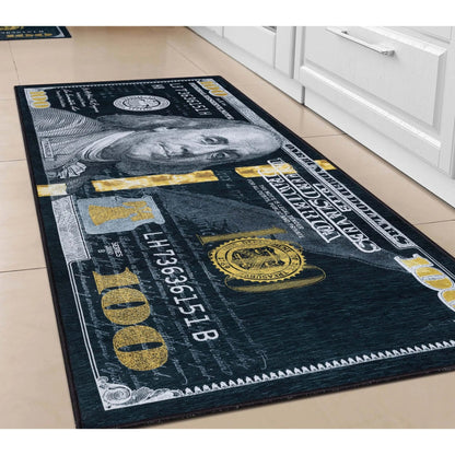 New Hundred Dollar Bill Black Black Novelty Runner Flat-Weave Rug Well Woven