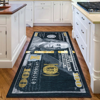 New Hundred Dollar Bill Black Black Novelty Runner Flat-Weave Rug Well Woven
