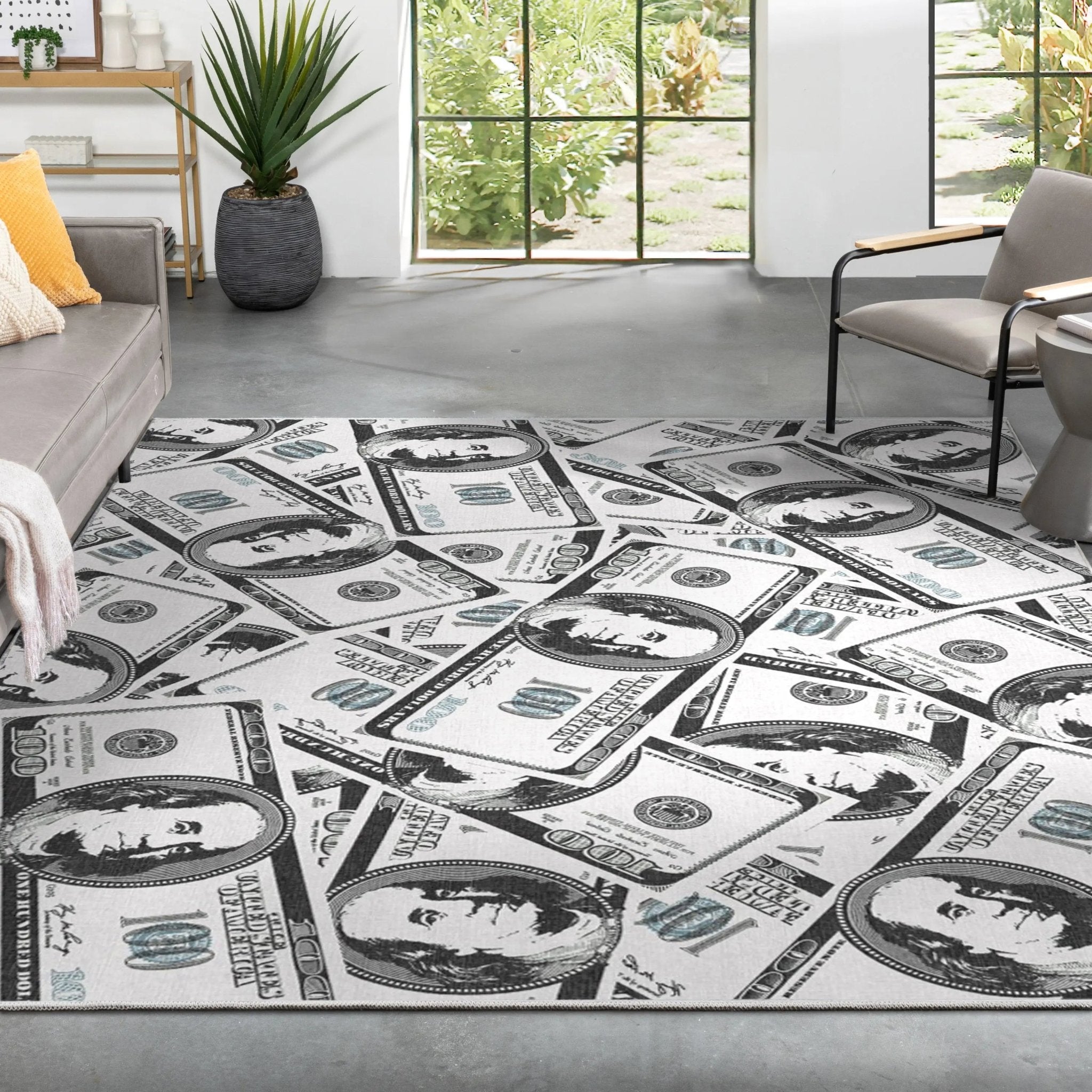 Hundred Dollar Bill Stacked Green Novelty Runner Flat-Weave Rug Well Woven