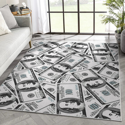 Hundred Dollar Bill Stacked Green Novelty Runner Flat-Weave Rug Well Woven