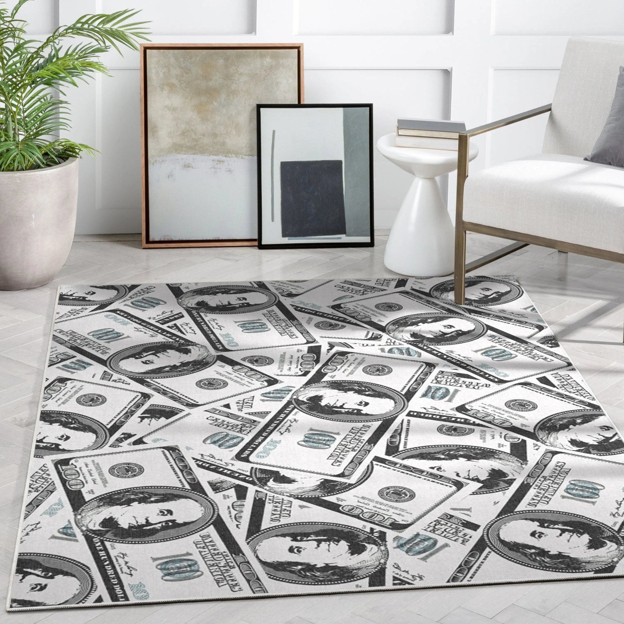 Hundred Dollar Bill Stacked Green Novelty Runner Flat-Weave Rug Well Woven