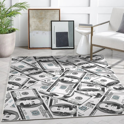 Hundred Dollar Bill Stacked Green Novelty Runner Flat-Weave Rug Well Woven