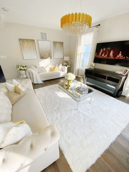 Feather Collection Liza  White Shag Rug –   Sparkly, Plush, Minimalist Glam - Well Woven - white shag rug in a glam living room