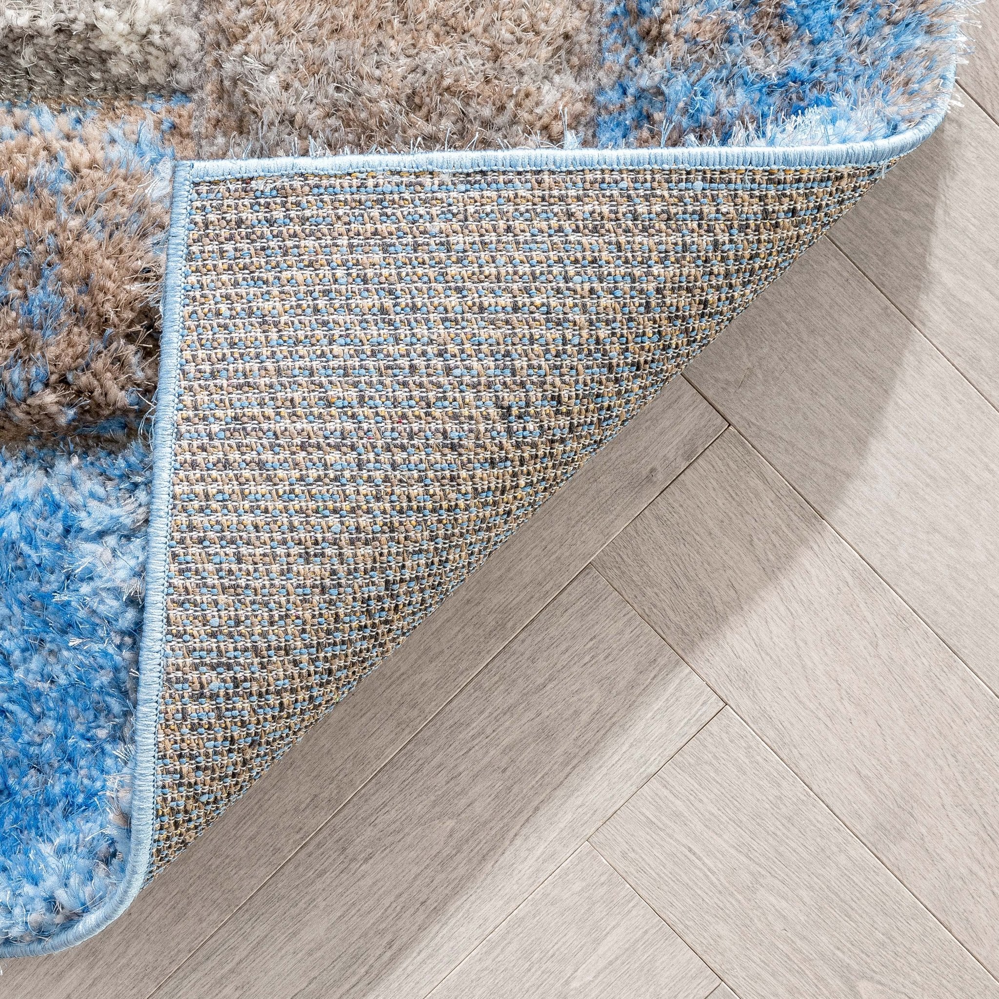 Kenzo Retro Geometric Pattern 3D Textured Shag Grey Light Blue Rug Well Woven