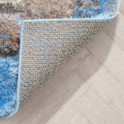 Kenzo Retro Geometric Pattern 3D Textured Shag Grey Light Blue Rug Well Woven