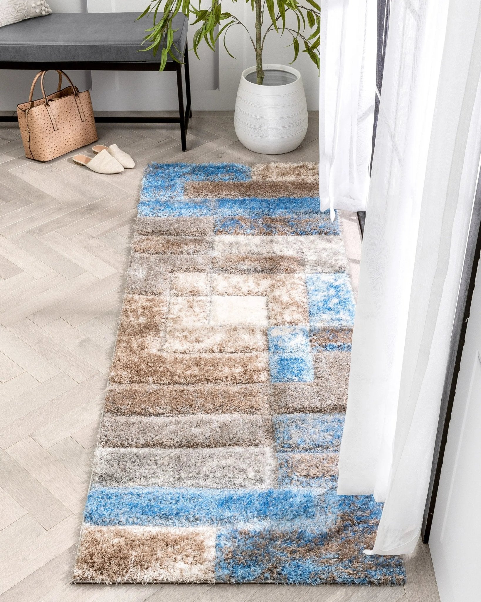 Kenzo Retro Geometric Pattern 3D Textured Shag Grey Light Blue Rug Well Woven