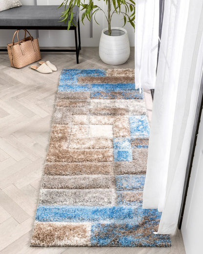 Kenzo Retro Geometric Pattern 3D Textured Shag Grey Light Blue Rug Well Woven