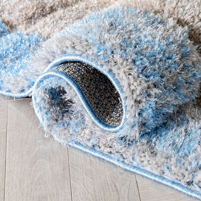 Kenzo Retro Geometric Pattern 3D Textured Shag Grey Light Blue Rug Well Woven