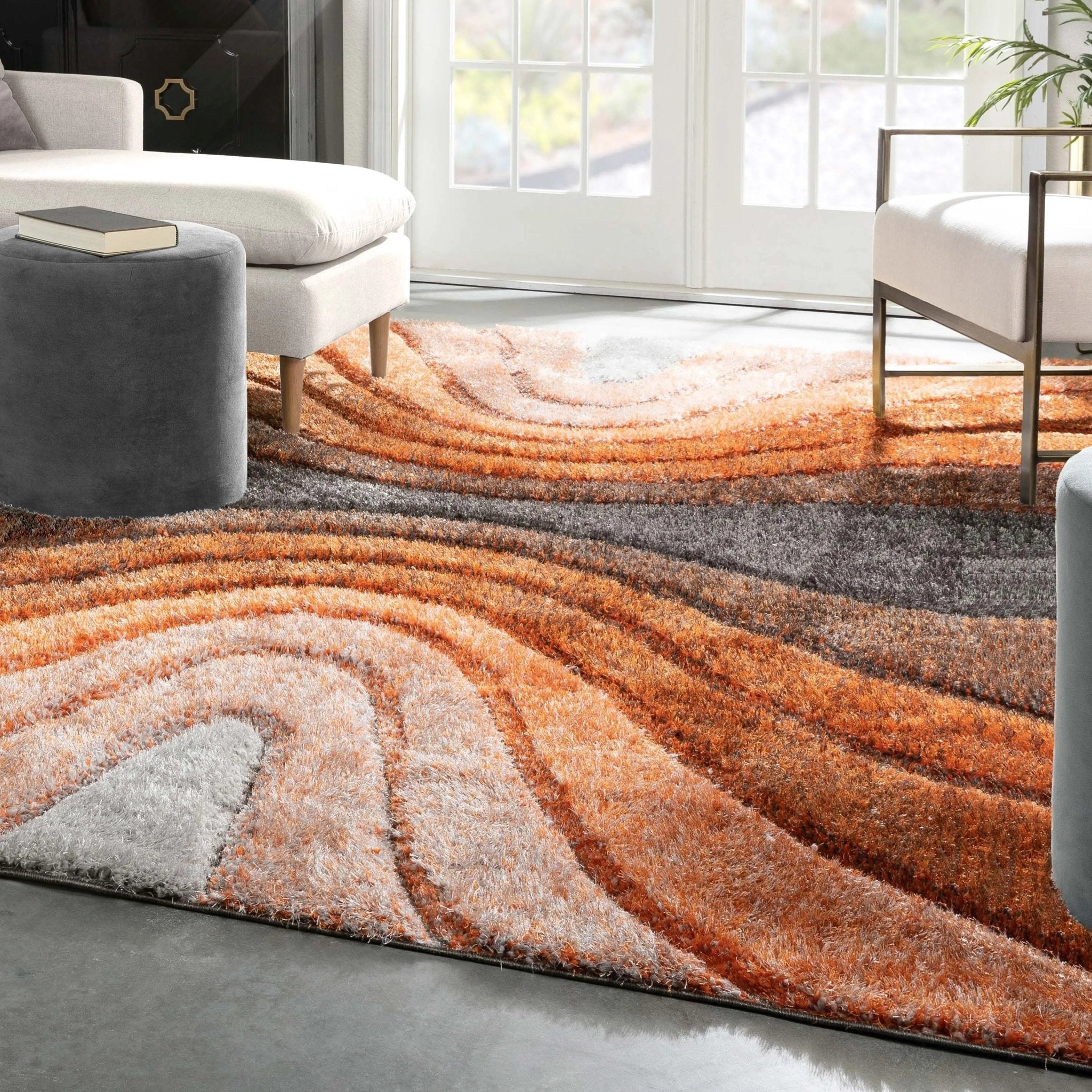 Luz Modern Geometric Grey Orange 3D Textured Thick & Soft Shag Rug Well Woven