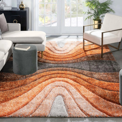 Luz Modern Geometric Grey Orange 3D Textured Thick & Soft Shag Rug Well Woven