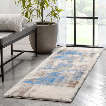Sariah Modern Abstract Ivory Blue Shag Rug Well Woven