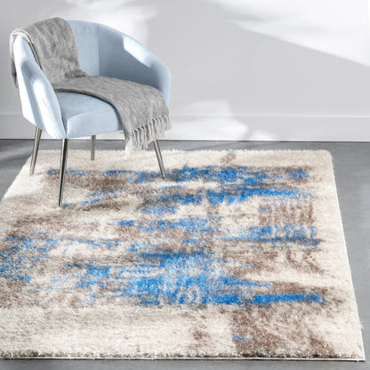 Sariah Modern Abstract Ivory Blue Shag Rug Well Woven