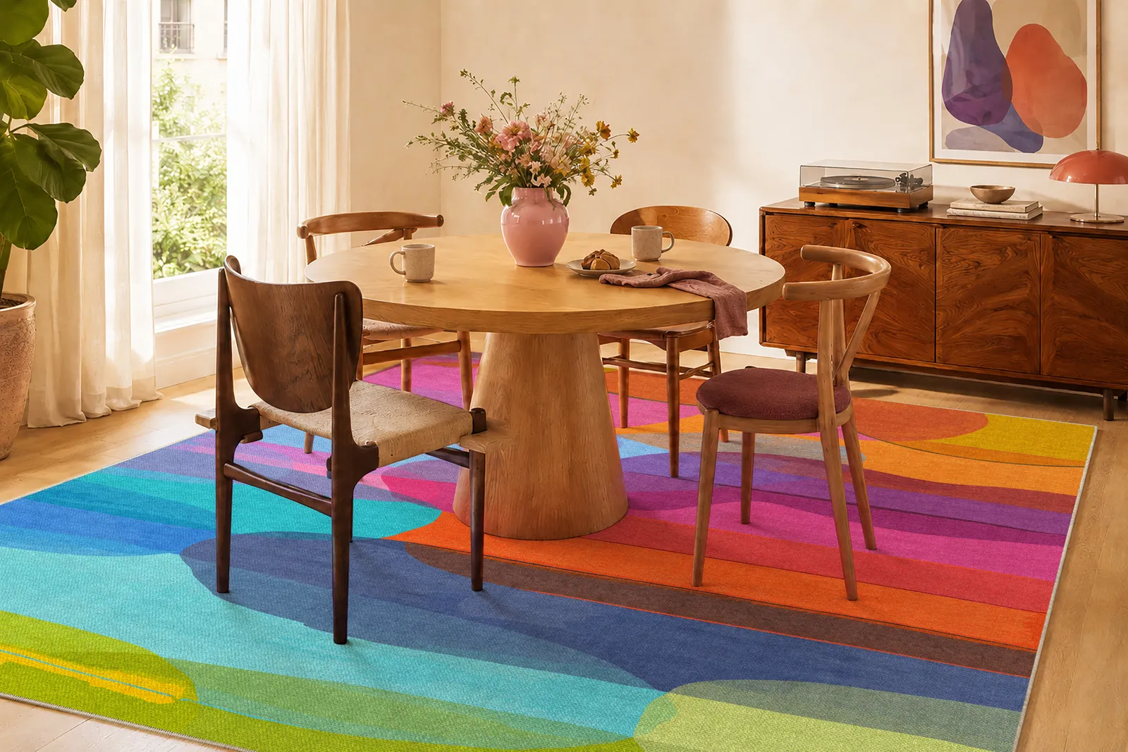 Honey I'm Home by Claire Desjardins in a sunlit dining room filled with warm pink, orange, aqua, and blue.