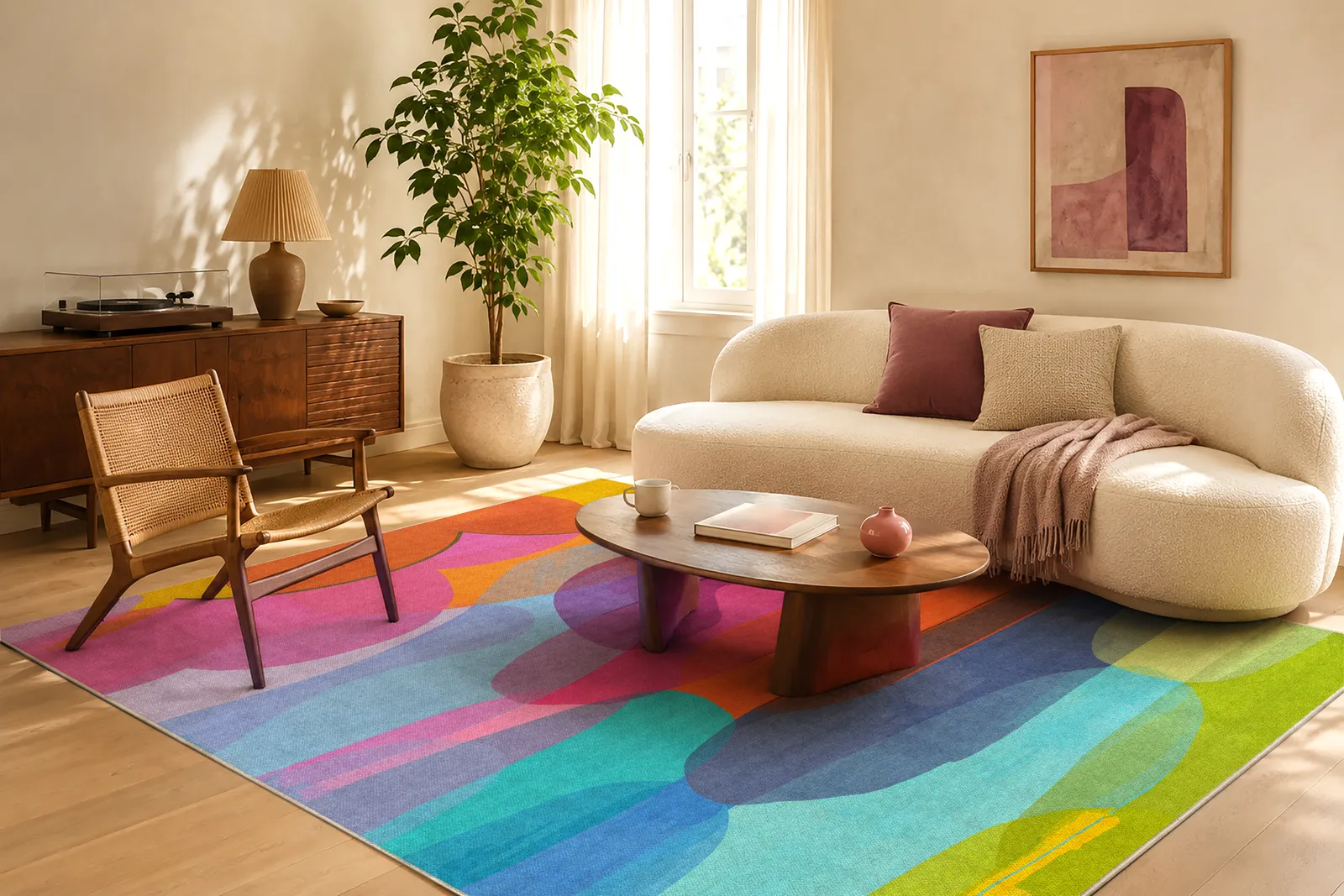 Honey I'm Home rug by Claire Desjardins in a sunlit living room.