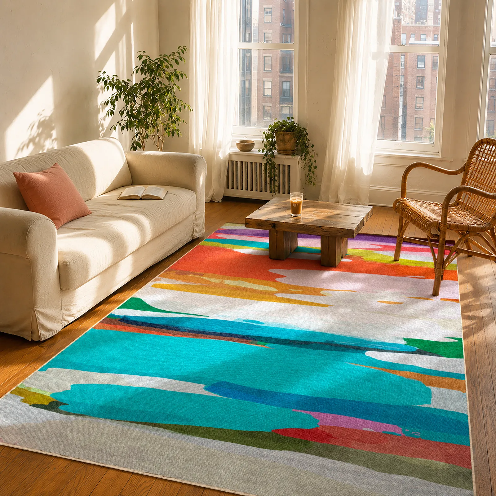 On Holiday rug by Claire Desjardins in a bright room.