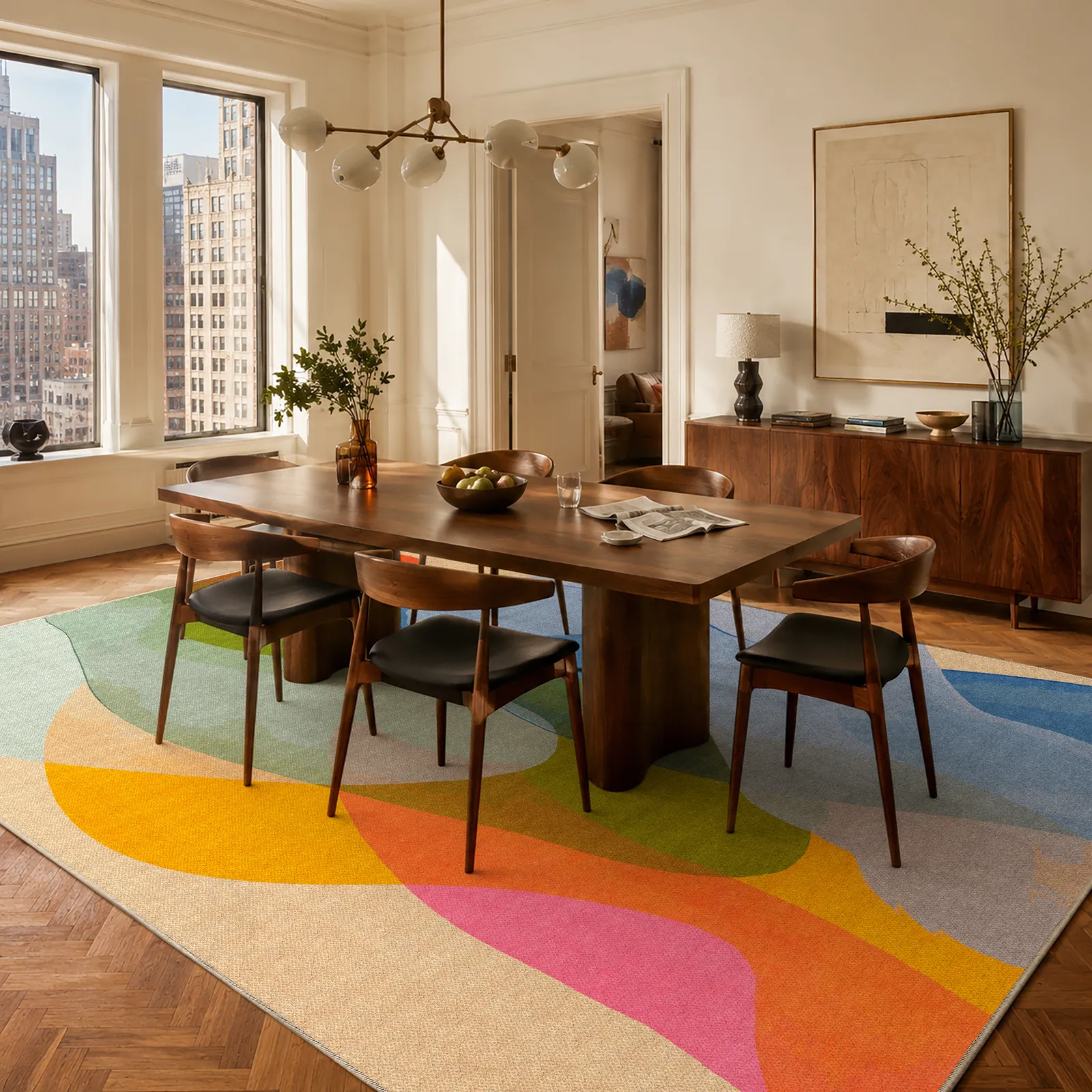 Late September rug by artist Claire Desjardins beneath a dining table