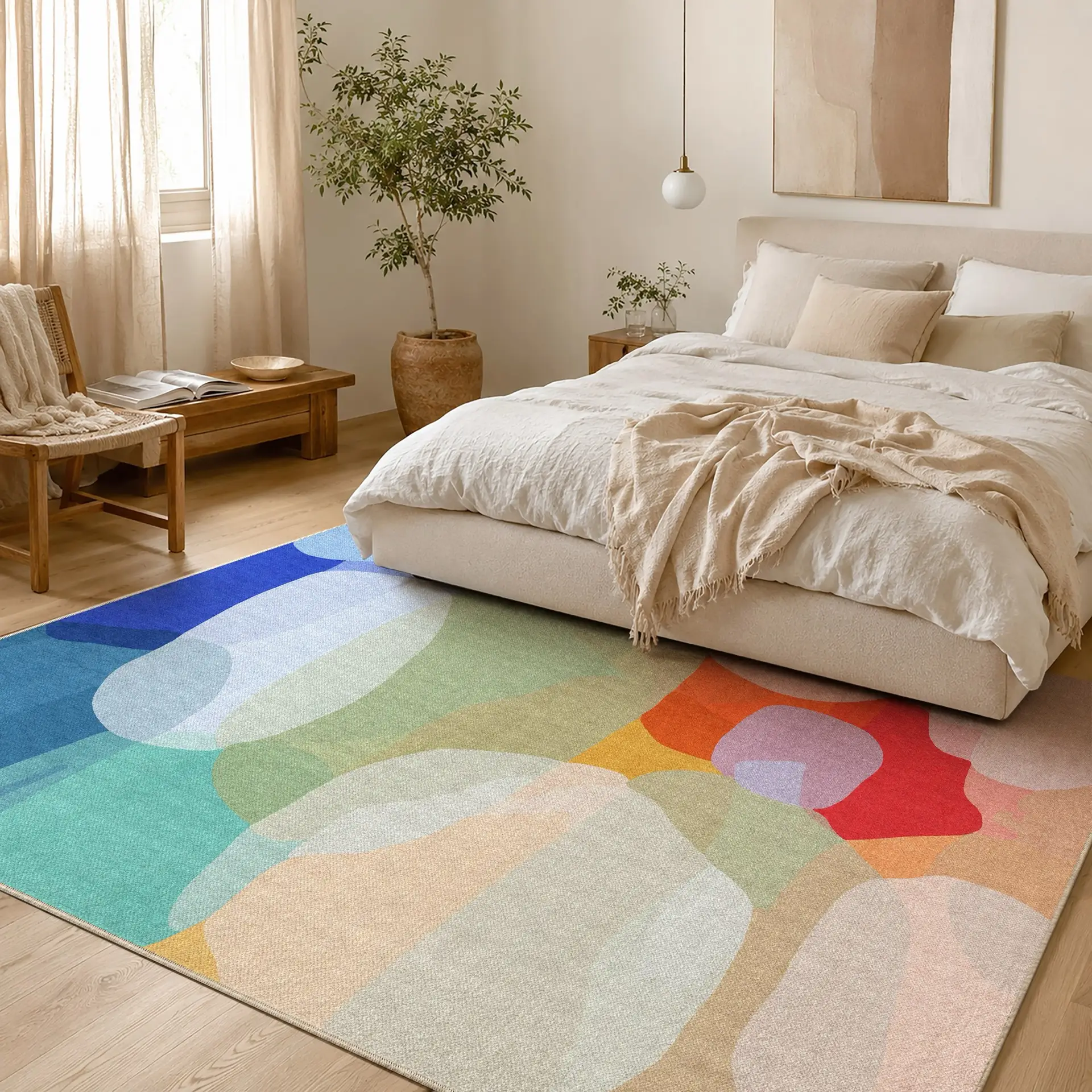 On Holiday by Claire Desjardins, in full colour as a rug in a sunlit bedroom.
