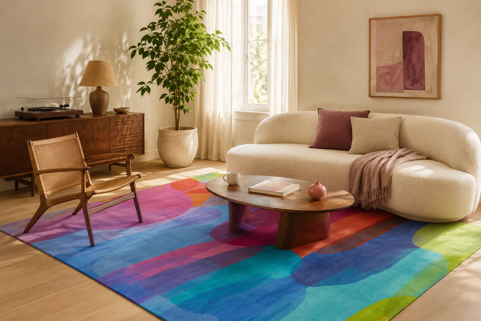 On Holiday rug by Claire Desjardins in a bright, colourful living room.