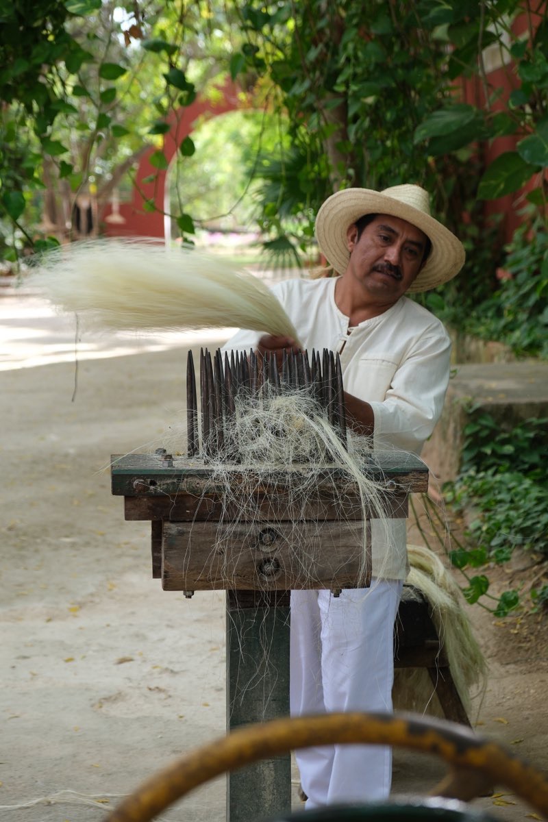 An artisan in Yucatán sweeping a hank of ivory henequen fiber across a spiked combing board.