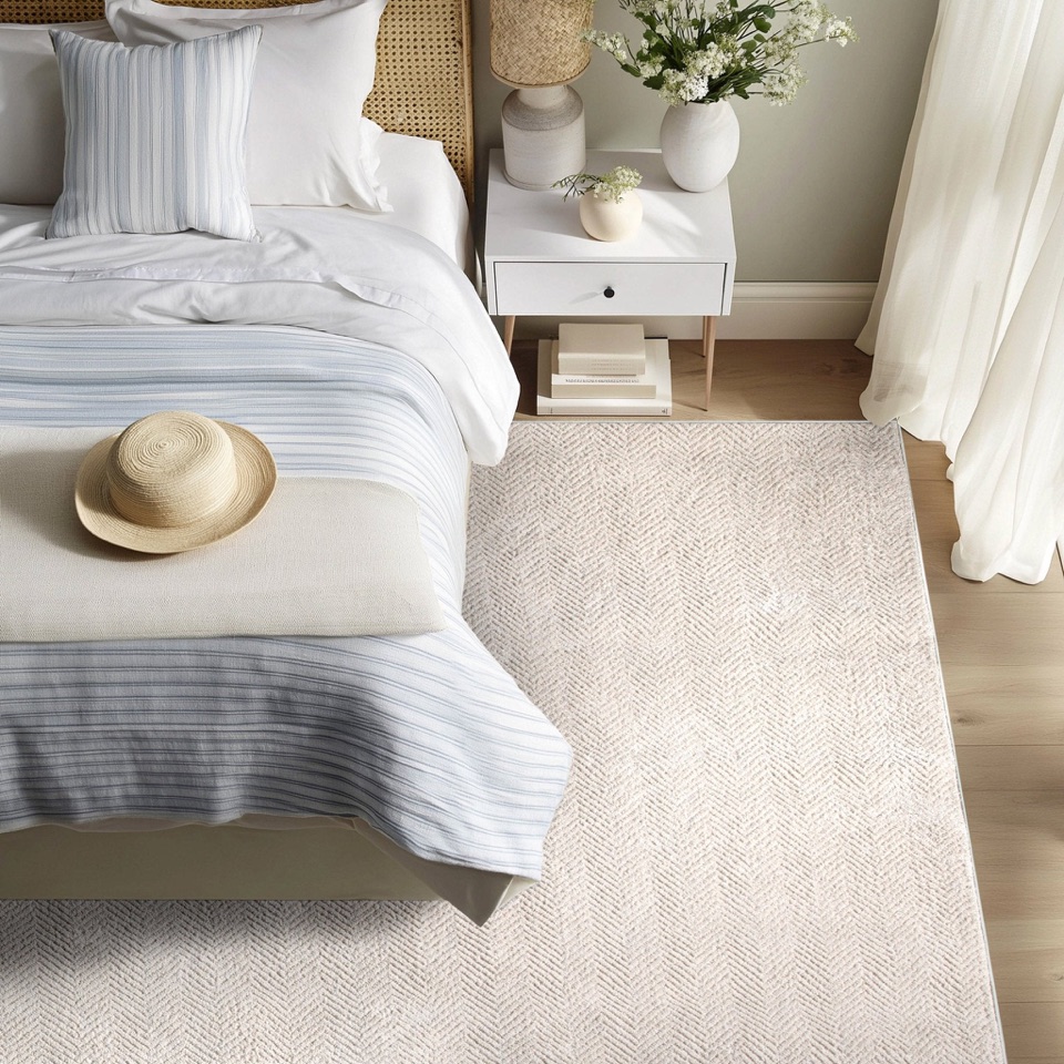 Custom area rug in a bright bedroom
